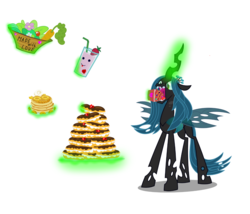 Size: 1400x1200 | Tagged: safe, artist:seahawk270, edit, queen chrysalis, changeling, changeling queen, g4, cake, carrot, eating, eclair, female, food, hungry, juice, love, pancakes, solo, strawberry, vector