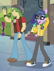 Size: 335x438 | Tagged: safe, screencap, blueberry cake, microchips, mystery mint, sandalwood, sweet leaf, equestria girls, equestria girls series, forgotten friendship, g4, background human, clothes, converse, cropped, glasses, male, offscreen character, pants, shoes