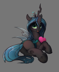 Size: 1473x1797 | Tagged: safe, artist:hitbass, queen chrysalis, changeling, changeling queen, blushing, bugbutt, butt, crown, cute, cutealis, female, frog (hoof), gray background, heart, heart pillow, jewelry, looking at you, on side, open mouth, pillow, plot, regalia, simple background, smiling, solo, underhoof