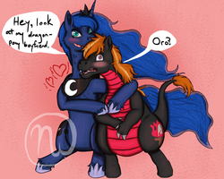 Size: 2500x2000 | Tagged: safe, artist:azurllinate, princess luna, oc, oc:stone the dragonpony, pony, blue eyes, blushing, blushing profusely, canon x oc, chubby, commission, female, heart, interspecies, legs wrapped around, looking at you, male, mixed breed, nervous, purple eyes, sitting, speaking japanese, speech, speech bubble, two toned mane, wide eyes