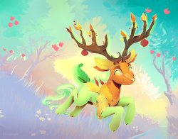 Size: 3000x2357 | Tagged: safe, artist:viwrastupr, the great seedling, dryad, elk, going to seed, apple, branches for antlers, cloven hooves, cute, eyes closed, food, high res, male, prancing, scenery, solo