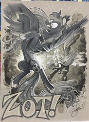 Size: 1501x2048 | Tagged: safe, artist:andypriceart, princess luna, queen chrysalis, alicorn, changeling, changeling queen, pony, g4, abs, andy you magnificent bastard, belly, colored pencil drawing, concave belly, crown, duo, fangs, female, fight, fit, flying, glowing horn, grayscale, hoof shoes, horn, jewelry, long mane, long tail, magic, magic blast, mare, marker drawing, monochrome, muscles, open mouth, peytral, princess shoes, regalia, ribcage, slender, spread wings, tail, thin, toned paper, traditional art, wings, zot