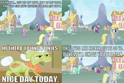 Size: 640x433 | Tagged: safe, edit, edited screencap, editor:undeadponysoldier, screencap, cheerilee, derpy hooves, granny smith, lyra heartstrings, spike, dragon, earth pony, pegasus, pony, unicorn, g4, angry, caption, confused, elderly, fence, funny, house, image macro, meme, one of these things is not like the others, open mouth, ponyville, reference, revenge, running, running away, spongebob squarepants, text, the bully, we'll show you old man, wrong aspect ratio