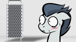 Size: 773x434 | Tagged: safe, artist:phat_guy, derpibooru exclusive, rumble, pony, g4, blushing, cheese grater, computer, floppy ears, if you know you know, implied e621, mac pro, male, meme, solo, sweat, the implications are horrible, worried