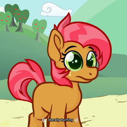 Size: 2000x2000 | Tagged: safe, artist:binkyt11, babs seed, earth pony, pony, g4, one bad apple, caption, female, filly, freckles, high res, meme, scene interpretation, solo, tree, youtube caption