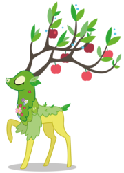 Size: 4145x5771 | Tagged: safe, alternate version, artist:dragonchaser123, the great seedling, deer, dryad, elk, going to seed, alternate color palette, apple, branches for antlers, eyes closed, flower, food, male, raised hoof, simple background, solo, summer, transparent background, vector