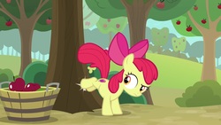 Size: 1920x1080 | Tagged: safe, screencap, apple bloom, pony, g4, going to seed, apple, apple tree, basket, female, food, solo, tree