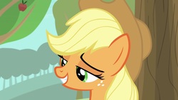 Size: 1920x1080 | Tagged: safe, screencap, applejack, earth pony, pony, g4, going to seed, apple tree, applejack's hat, bust, cowboy hat, cute, female, hat, jackabetes, lidded eyes, mare, portrait, smiling, solo, tree
