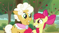 Size: 1920x1080 | Tagged: safe, screencap, apple bloom, goldie delicious, earth pony, pony, g4, going to seed, apple tree, smiling, tree
