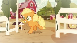 Size: 1920x1080 | Tagged: safe, screencap, applejack, earth pony, pony, g4, going to seed, apple tree, barn, blank flank, cute, female, fence, filly, filly applejack, flashback, freckles, jackabetes, smiling, solo, tree, younger
