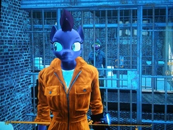 Size: 3264x2448 | Tagged: safe, artist:makarosc, tempest shadow, anthro, g4, 3d, clothes, fallout 4 equestria mod, high res, picture with phone, prison, prison outfit, prisoner