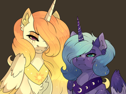 Size: 2695x2000 | Tagged: safe, artist:kao-chou, princess celestia, princess luna, alicorn, pony, g4, alternate design, blushing, chest fluff, collar, duo, female, freckles, high res, jewelry, lidded eyes, mare, necklace, royal sisters, siblings, sisters