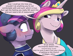 Size: 1650x1275 | Tagged: safe, artist:silfoe, princess cadance, twilight sparkle, pony, moonsetmlp, g4, alternate hairstyle, alternate universe, duo, female, gray background, implied nightmare moon, mare, simple background, speech bubble