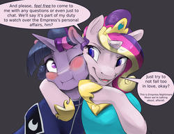 Size: 1650x1275 | Tagged: safe, artist:silfoe, princess cadance, twilight sparkle, pony, moonsetmlp, g4, alternate hairstyle, alternate universe, clothes, duo, female, gray background, hoof shoes, implied nightmare moon, mare, one eye closed, simple background, speech bubble
