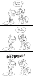 Size: 900x2103 | Tagged: safe, artist:machstyle, carrot top, derpy hooves, golden harvest, earth pony, pegasus, pony, g4, black and white, comic, derp, funny, grayscale, meme, monochrome, sitting, sketch