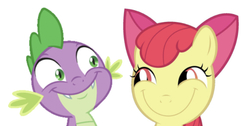 Size: 619x311 | Tagged: safe, artist:queencold, editor:undeadponysoldier, apple bloom, spike, dragon, earth pony, pony, adorable face, adoracreepy, big smile, bow, comparison, creepy, creepy smile, cute, faic, female, filly, happy, imminent sex, looking at each other, male, rapeface, shipping, silly face, simple background, smiling, smirk, spikebloom, straight, vector, wat, white background