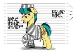 Size: 4093x2894 | Tagged: safe, artist:jcosneverexisted, oc, oc only, oc:apogee, pegasus, pony, clothes, floppy ears, hat, offscreen character, oversized clothes, prison outfit, solo, text