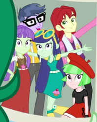 Size: 315x398 | Tagged: safe, screencap, blueberry cake, drama letter, micro chips, nolan north, starlight, watermelody, equestria girls, equestria girls specials, g4, my little pony equestria girls: better together, my little pony equestria girls: forgotten friendship, background human, clothes, cropped, friends together, glasses, long skirt, pants, photo, skirt, yearbook photo