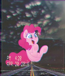 Size: 720x833 | Tagged: safe, pinkie pie, earth pony, pony, g4, 420, aesthetics, female, mare, open mouth, outdoors, smiling, solo, timestamp, vector, vhs