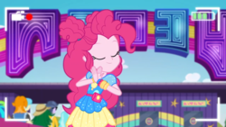 Size: 1366x768 | Tagged: safe, screencap, bright idea, cherry crash, dj pon-3, micro chips, paisley, pinkie pie, sweet leaf, valhallen, vinyl scratch, equestria girls, five lines you need to stand in, g4, my little pony equestria girls: better together, background human, clothes, eyes closed, female, male, offscreen character, recording, written equestrian