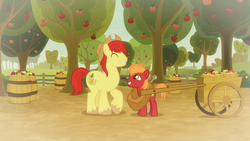 Size: 1920x1080 | Tagged: safe, screencap, big macintosh, bright mac, earth pony, pony, g4, going to seed, apple, apple orchard, apple tree, barrel, big macintosh's yoke, bittersweet, brightabetes, cart, colt, colt big macintosh, cute, duo, duo male, eyes closed, father and son, food, grin, horse collar, like father like son, like parent like child, macabetes, male, raised hoof, smiling, stallion, sweet dreams fuel, tree, wholesome, younger