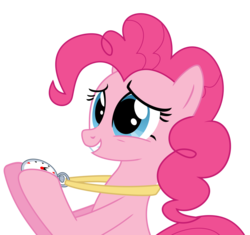 Size: 1789x1681 | Tagged: safe, artist:killagouge, pinkie pie, earth pony, pony, g4, too many pinkie pies, bust, female, hoof hold, mare, simple background, smiling, solo, stopwatch, transparent background, vector