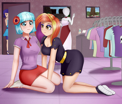 Size: 2000x1700 | Tagged: safe, artist:focusb, coco pommel, rarity, sassy saddles, human, g4, breasts, cleavage, clothes, cocosaddles, dress, female, humanized, lesbian, shipping