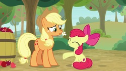Size: 1920x1080 | Tagged: safe, screencap, apple bloom, applejack, earth pony, pony, g4, going to seed, apple, apple tree, barrel, female, food, siblings, sisters, tree