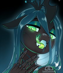 Size: 968x1125 | Tagged: safe, artist:ladychimaera, queen chrysalis, changeling, changeling queen, anthro, g4, crown, eyeshadow, female, forked tongue, jewelry, licking, licking lips, lidded eyes, looking at you, makeup, open mouth, regalia, slit pupils, solo, tongue out