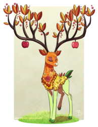 Size: 1291x1660 | Tagged: safe, artist:inuhoshi-to-darkpen, the great seedling, deer, elk, g4, going to seed, season 9, antlers, apple, branches for antlers, cloven hooves, colored hooves, eyes closed, flower, food, large antlers, male, solo