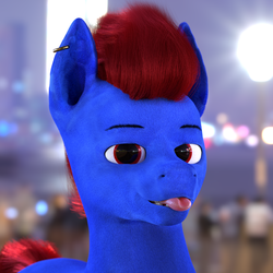 Size: 1920x1920 | Tagged: safe, artist:foxidro, oc, oc only, oc:foxidro, earth pony, pony, 3d, blender, blue fur, ear piercing, male, piercing, ponysona, red eyes, red mane, render, solo, tongue out