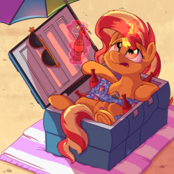 Size: 3840x3840 | Tagged: safe, artist:pirill, sunset shimmer, pony, unicorn, g4, atg 2018, beach, candy, cooler, female, food, glowing horn, high res, horn, ice, levitation, magic, newbie artist training grounds, open mouth, sand, soda, solo, sunglasses, telekinesis, towel, umbrella