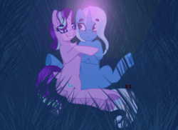 Size: 1048x762 | Tagged: safe, artist:crippling depression, starlight glimmer, trixie, pony, unicorn, g4, bedroom eyes, blushing, cuddling, cute, female, grass, le lenny face, lesbian, o.o, outdoors, ship:startrix, shipping, signature, thick eyebrows