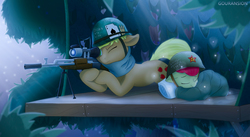 Size: 3688x2014 | Tagged: safe, artist:foxpit, apple bloom, applejack, earth pony, pony, g4, going to seed, adorabloom, communism, cute, duo, eyes closed, female, forest, full metal jacket, gun, hammer and sickle, high res, hunting, mare, sleeping, soviet, soviet union, this will end in death, weapon