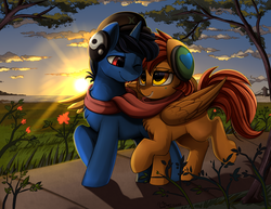 Size: 3300x2550 | Tagged: safe, artist:pridark, oc, oc only, pony, clothes, commission, female, high res, male, mare, oc x oc, scarf, scarface, scenery, shipping, smiling, stallion, straight, sunset