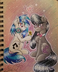 Size: 1080x1346 | Tagged: artist needed, source needed, safe, dj pon-3, octavia melody, vinyl scratch, earth pony, pony, unicorn, g4, chest fluff, female, flower, heart, hoof hold, leg fluff, lesbian, mare, ship:scratchtavia, shipping, signature, traditional art