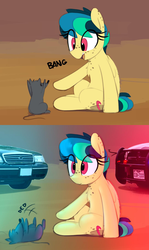 Size: 1084x1818 | Tagged: safe, artist:shinodage, oc, oc:apogee, oc:houston, mouse, pegasus, pony, rat, 2 panel comic, bang, car, chest fluff, comic, crown victoria, dialogue, disproportionate retribution, dodge (car), dodge charger, eye clipping through hair, female, filly, finger gun, ford, freckles, on back, onomatopoeia, open mouth, playing dead, police, police car, sitting, texas, this will end in jail time