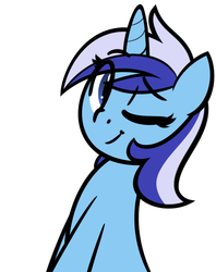 Size: 750x945 | Tagged: safe, artist:furrgroup, minuette, pony, unicorn, g4, cute, eye clipping through hair, female, mare, minubetes, one eye closed, simple background, solo, white background, wink