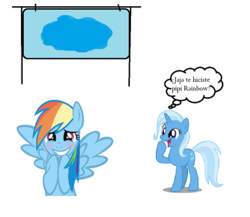 Size: 441x382 | Tagged: safe, rainbow dash, trixie, pegasus, pony, unicorn, g4, blushing, female, implied bedwetting, implied wetting, mare, urine