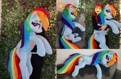 Size: 4172x2736 | Tagged: safe, artist:epicrainbowcrafts, rainbow dash, human, pegasus, pony, g4, bedroom eyes, female, holding a pony, irl, irl human, lidded eyes, life size, looking at you, looking back, looking back at you, lying down, mare, photo, plushie, sitting, smiling