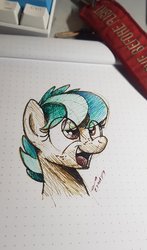 Size: 1207x2048 | Tagged: safe, artist:buckweiser, oc, oc only, oc:apogee, pegasus, pony, bust, female, filly, freckles, happy, ink drawing, open mouth, photo, portrait, sketch, smiling, solo, traditional art