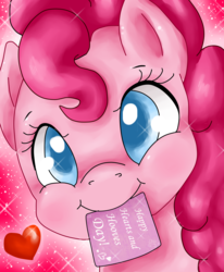 Size: 2550x3100 | Tagged: dead source, safe, artist:twiddledittle, pinkie pie, earth pony, pony, g4, bust, colored pupils, cute, diapinkes, female, heart, hearts and hooves day, high res, holiday, mare, mouth hold, portrait, solo, valentine's day, valentine's day card
