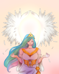 Size: 3507x4380 | Tagged: safe, artist:slyrintana, princess celestia, human, g4, backlighting, clothes, dress, eyebrows, eyebrows visible through hair, eyes closed, feather, female, henna, humanized, jewelry, queen, queen celestia, regalia, signature, smiling, solo, spread wings, sun, sun god, windswept hair, winged humanization, wings