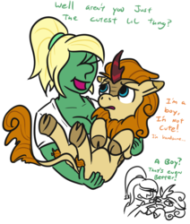 Size: 616x727 | Tagged: safe, artist:jargon scott, autumn afternoon, oc, oc:anon, oc:femanon, human, kirin, pony, g4, 2 panel comic, background kirin, boop, breasts, carrying, comic, cute, dialogue, female, femdom, holding, holding a pony, male, no catchlights, simple background, stranger danger, white background, woonoggles