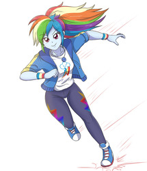 Size: 2952x3425 | Tagged: safe, artist:sumin6301, rainbow dash, equestria girls, g4, my little pony equestria girls: better together, run to break free, clothes, converse, cute, dashabetes, female, geode of super speed, high res, jacket, magical geodes, motion lines, pants, running, shoes, simple background, smiling, solo, thigh gap, white background