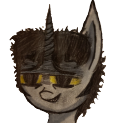 Size: 1408x1407 | Tagged: safe, artist:antique1899, oc, oc only, oc:ragtime melody, pony, messy mane, shadow, sharp teeth, sideburns, simple background, solo, teeth, traditional art, transparent background, yellow eyes