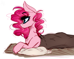 Size: 777x625 | Tagged: dead source, safe, artist:avimod, pinkie pie, earth pony, pony, g4, blanket, cute, diapinkes, female, mare, pillow, profile, prone, simple background, solo, tired, white background