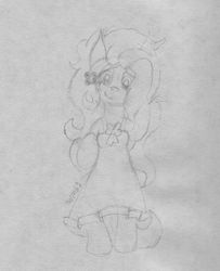 Size: 1280x1576 | Tagged: safe, artist:wapamario63, fluttershy, pony, g4, bipedal, clothes, cute, dress, female, messy mane, monochrome, ribbon, sketch, solo, traditional art