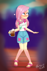 Size: 2000x3000 | Tagged: safe, artist:horsecat, fluttershy, equestria girls, equestria girls specials, g4, my little pony equestria girls: better together, my little pony equestria girls: spring breakdown, alcohol, beer, blurry background, blushing, drunk, drunk bubbles, drunkershy, female, go home you're drunk, high res, solo, this will end in pain