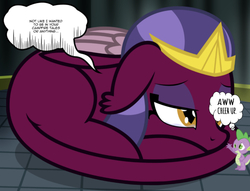 Size: 640x488 | Tagged: safe, artist:badumsquish-edits, edit, editor:undeadponysoldier, spike, the sphinx, dragon, sphinx, g4, cheer up, comforting, crown, crying, dialogue, female, floppy ears, jewelry, lying down, macro, male, regalia, sad, ship:sphike, shipping, speech bubble, sphinxdorable, straight, teary eyes, text bubbles